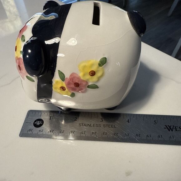 Adorable PANDA BEAR Ceramic PIGGY-BANK With Pink And Yellow Flower White/Black - Picture 8 of 8
